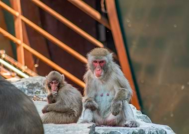 Two Japanese Macaques Sitting on Rock