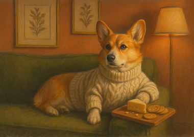 Corgi in Sweater with Cheese and Crackers