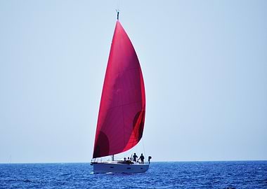 Sailboat with Red Spinnaker on Blue Sea