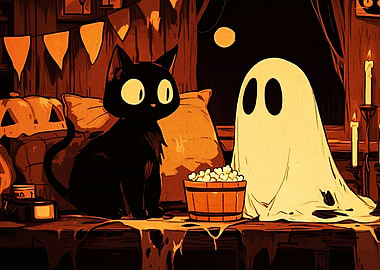 Halloween Night with Cat and Ghost