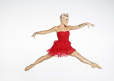 Pink in Red Dress Jumping