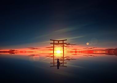 Torii Gate Sunset with Cat Silhouette