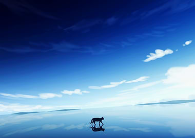 Cat Silhouette on Water, Blue Sky