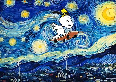 Snoopy Skateboard Starry Night Painting