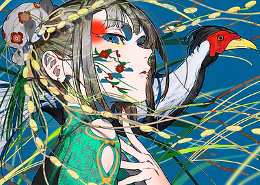 Anime Girl with Bird and Flowers