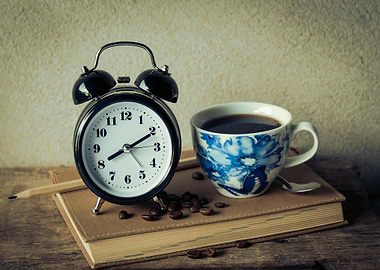 Coffee, Clock, and Book Still Life