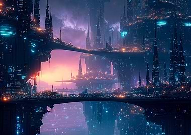 Futuristic Cityscape at Sunset Reflection