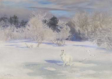 Winter Hare in Snowy Landscape Painting