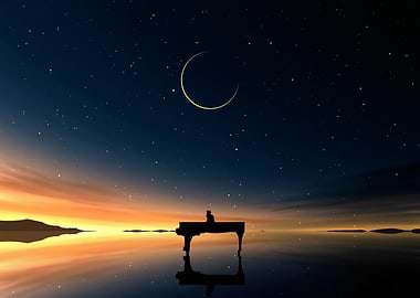 Piano cat under the starry night sky