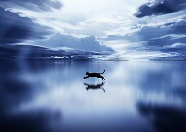 Silhouette Cat Running on Water