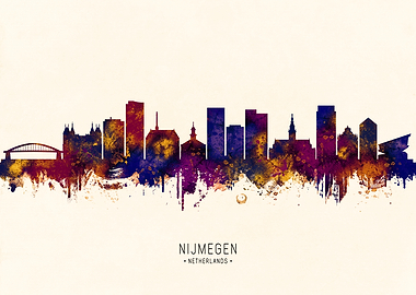 Nijmegen Netherlands Skyline Watercolor Silhouette