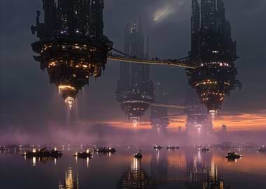 Futuristic Cityscape over Water at Dusk