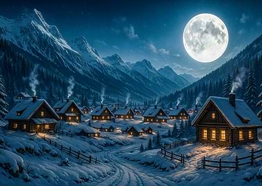 Winter Village Under Moonlight