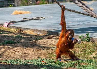Orangutan Hanging from Rope with Bottle
