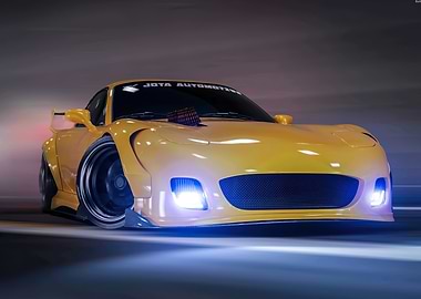 Yellow Sports Car with Blue Lights