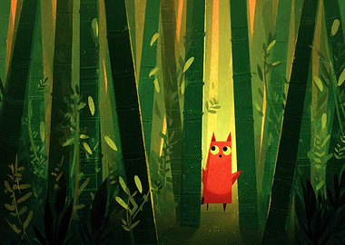 Red creature in a bamboo forest
