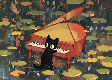 Cat Playing Piano in Lily Pond