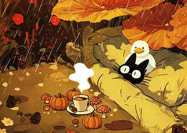 Rainy Day with Cat and Duck