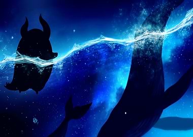 Whale and horned creature in blue