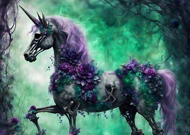 Halloween Floral Skeleton Unicorn in Enchanted Forest Gothic Style