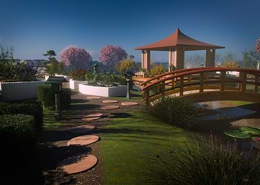 Japanese Garden with Bridge and Gazebo
