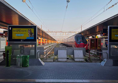 Train station platform with high-speed train