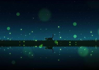 Cat Silhouette with Fireflies Reflection