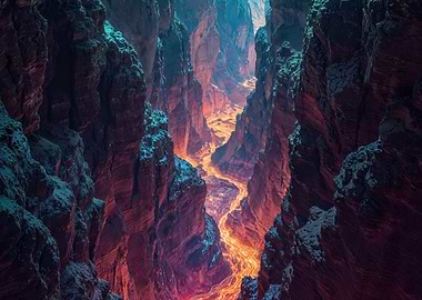 Fiery River Through a Snowy Canyon