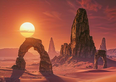 Desert Landscape with Arches and Sun