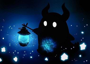Silhouette Creature with Lantern in Blue Night