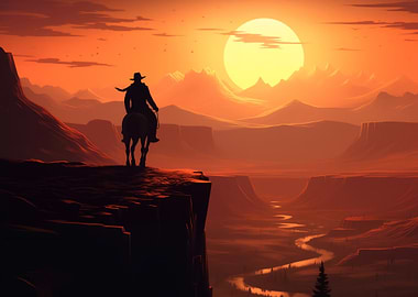 Cowboy on Horseback at Sunset