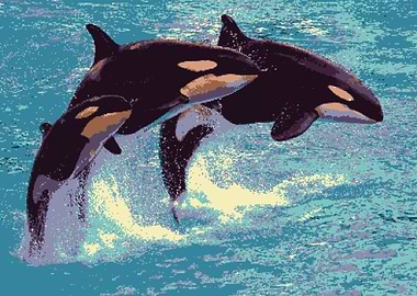 Orcas breaching in pixelated ocean scene