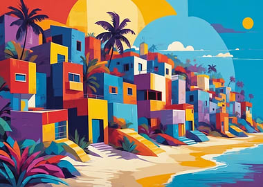 Colorful Coastal Village Illustration