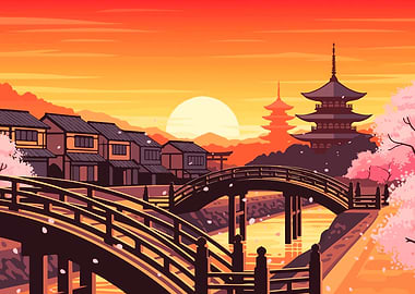 Japanese Landscape with Pagodas and Bridges