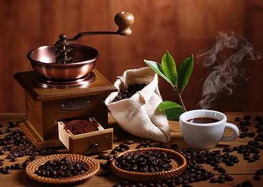 Coffee Still Life with Grinder and Beans