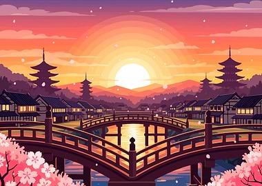 Japanese Village Sunset with Cherry Blossoms