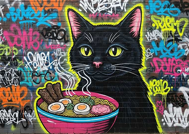 Cat and Ramen Graffiti Art
