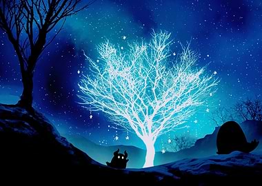 Glowing Tree with Silhouetted Creatures