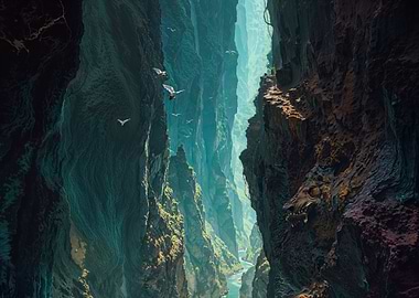 Deep Canyon Landscape with Birds