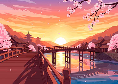 Japanese Landscape with Cherry Blossoms