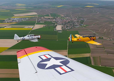 Aerial view of vintage airplanes in flight