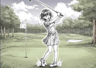 Anime Girl Golfing on Green Course