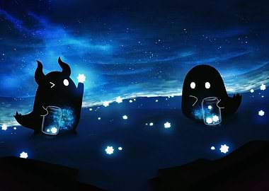 Cute Ghosts Catching Stars in Jars