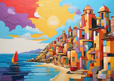 Colorful Coastal Village Painting with Sailboat