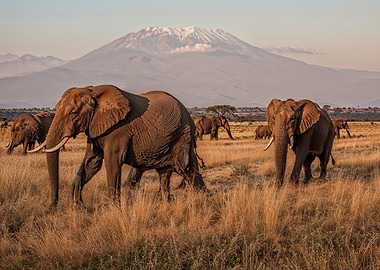 Elephants in African Savannah with Kilimanjaro