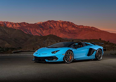 Blue Lamborghini Aventador with Mountain Backdrop