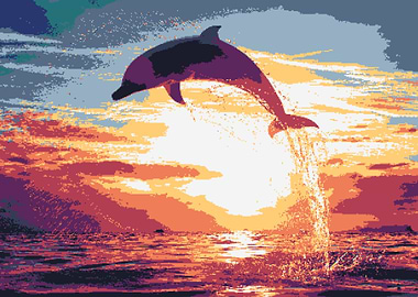 Pixelated Dolphin jumping at sunset