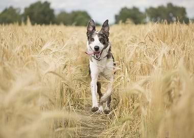 Happy Dog Running Through Wheat Field