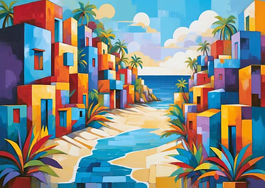 Colorful Coastal Village Painting