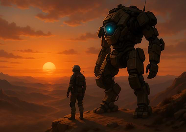 Robot and Soldier at Sunset